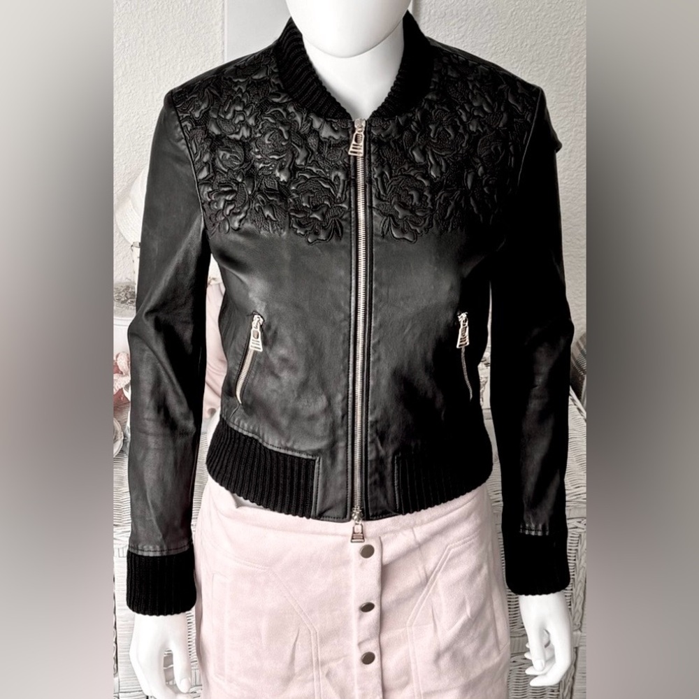 La Perla Jacket Lambskin Leather Bomber Style w/ Bib Embroidery in Black Size 0
